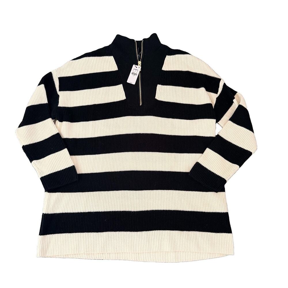New Express Black White Striped 1/4 Zip Tunic Sweater L $98 Cotton Rayon Blend